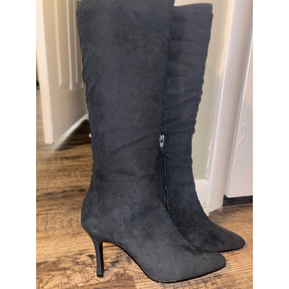 Black Faux Suede Knee High Stiletto Boots Pointed Toe Side Zip Dress Boots